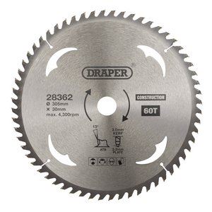 Draper TCT SAW BLADE 305MM 60T CONS 28362 TCT Construction Circular Saw Blade, 305 x 30mm