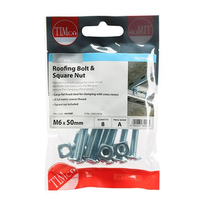 TIMCO Roofing Bolt & SQ Nut - BZP M6 x 50 Silver Pack 8