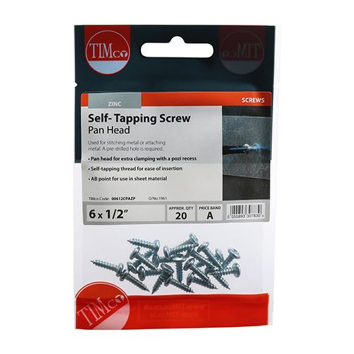 TIMCO S/Tapping Screw PZ2 PAN - BZP 6 x 1/2 Silver Pack 20
