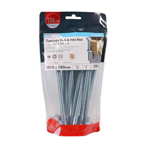 TIMCO Carriage Bolt & Hex Nut - BZP M10 x 180 Silver Pack 12