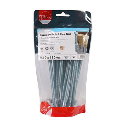 TIMCO Carriage Bolt & Hex Nut - BZP M10 x 180 Silver Pack 12