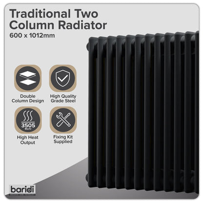 Baridi DH364 Horizontal Traditional 2 Column Radiator 600 x 1012mm - Black | Steel | Horizontal traditional two column radiator delivers a BTU output