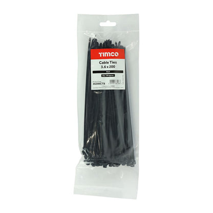 TIMCO Cable Tie Black 3.6 x 200 Black Pack 100