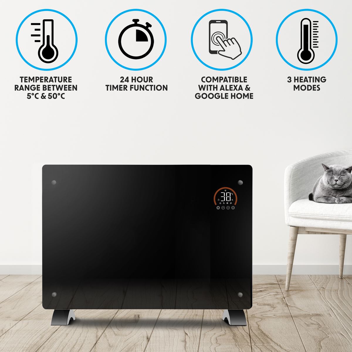 Baridi DH139 Electric Glass Panel Heater, 2000W, Thermostat Controlled Radiator with 24Hr 7 Day Timer, Wi-Fi Enabled, Remote Control, Black | 230V