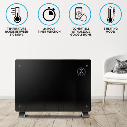 Baridi DH139 Electric Glass Panel Heater, 2000W, Thermostat Controlled Radiator with 24Hr 7 Day Timer, Wi-Fi Enabled, Remote Control, Black | 230V