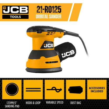 JCB 21-RO125 Orbital Sander 320W 125mm 5in Variable Speed 230V Random Orbital Sander Wood Sander
