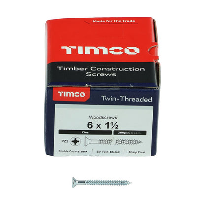 TIMCO Twin Woodscrew PZ2 CSK Zinc 6 x 1 1/2 Silver Pack 200