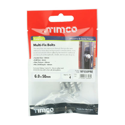 TIMCO Multi-Fix Bolt Hex Flange Head 6.0 x 50 Silver Pack 4