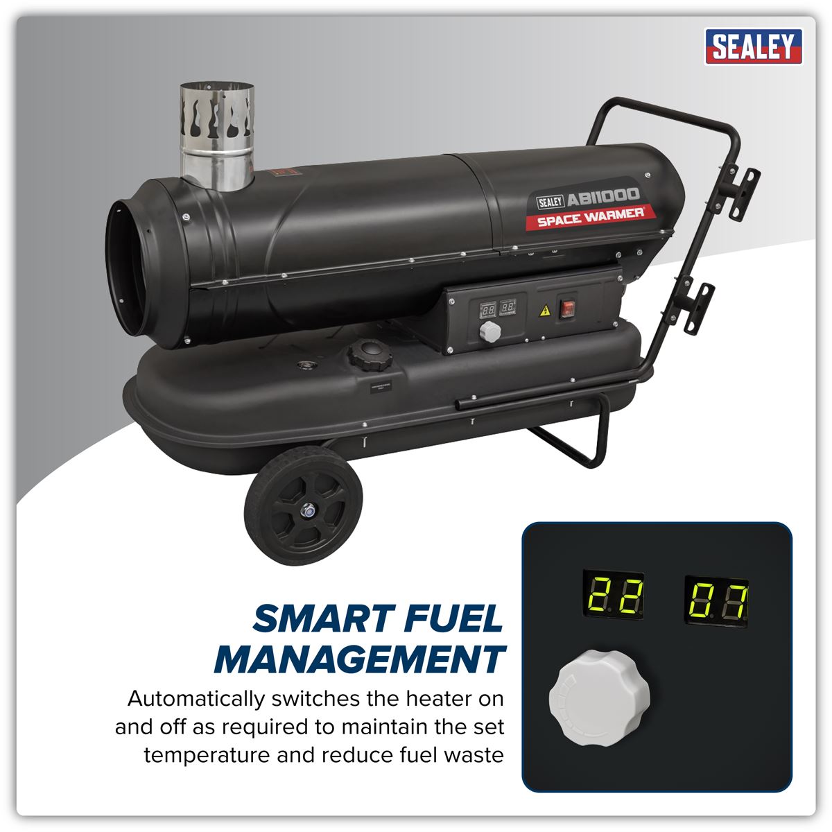 Sealey ABI1000 Space Warmer Indirect Kerosene/Diesel Heater with Wheels 102,000Btu/hr | 102,360Btu/hr(30kW), 230V ~ 50Hz, Thermostat, Wheels