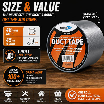 Bond It Duct Tape 48mm x 45m Heavy Duty Water Resistant Black Silver Gaffer Cloth Repair Sealing Tape