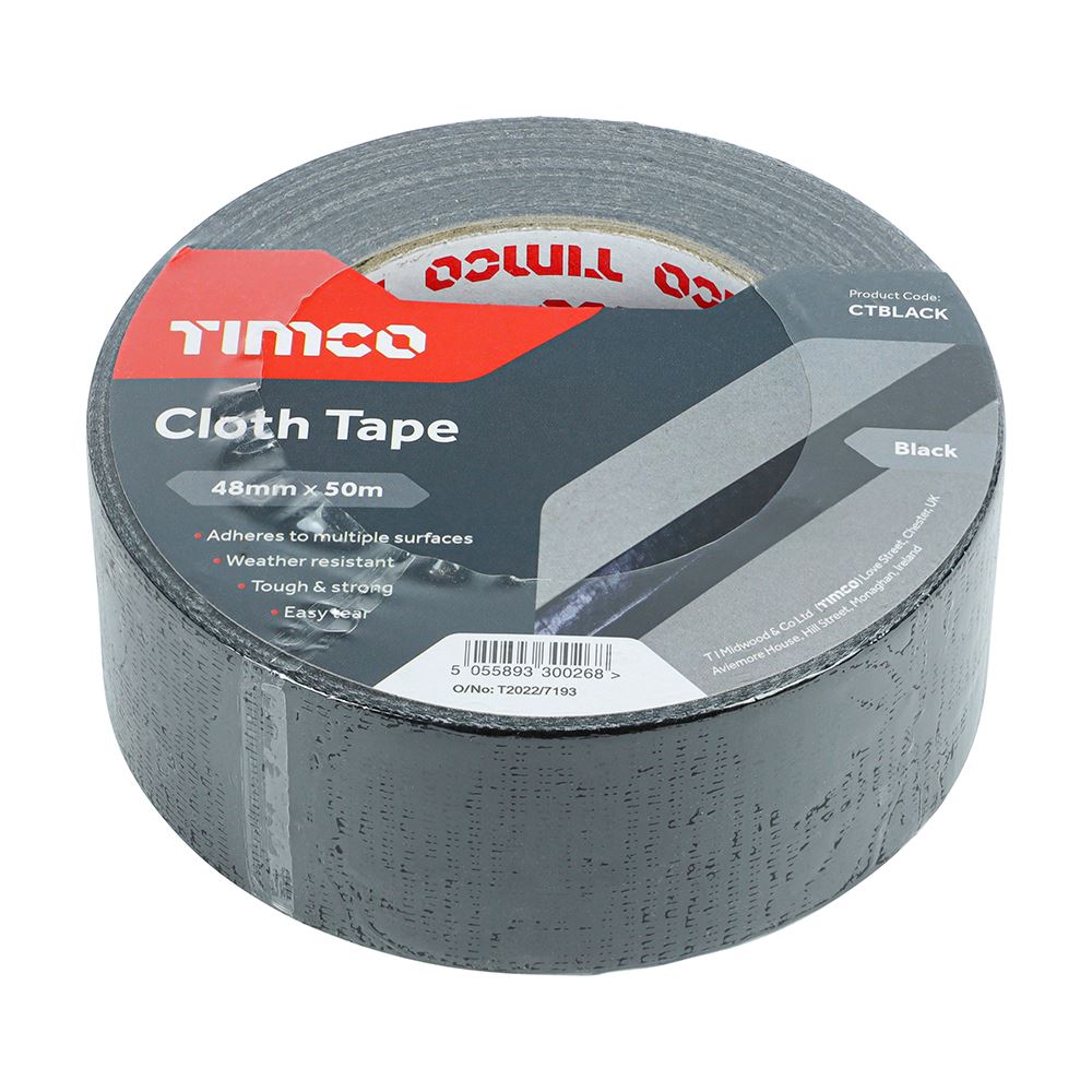 TIMCO Cloth Tape Black Black 50m x 48mm Pack 1.0