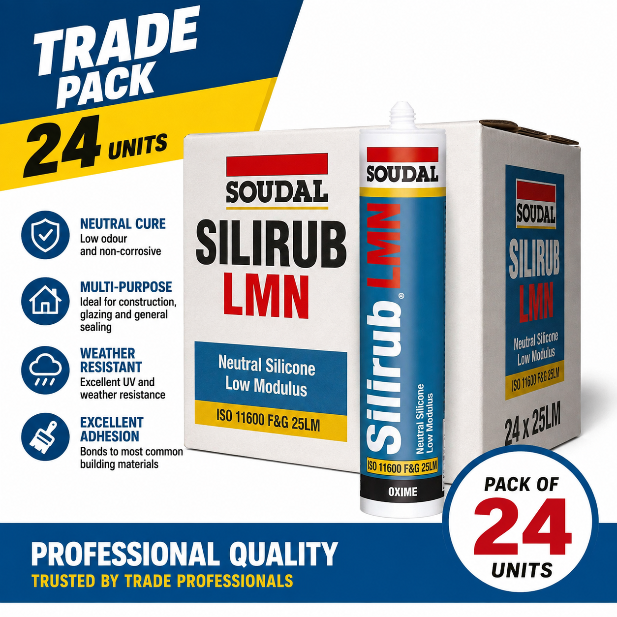 Soudal Silirub 270ml Sanitary Silicone Sealant Pack of 24 Professional Waterproof Flexible Sealant