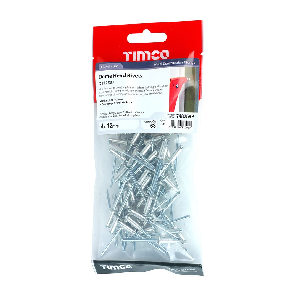 TIMCO Rivets - Dome Head - Aluminium 4.0 x 12 Pack 63