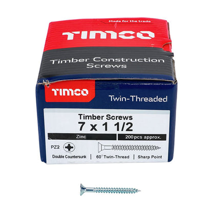 TIMCO Twin Woodscrew PZ2 CSK Zinc 7 x 1 1/2 Silver Pack 200