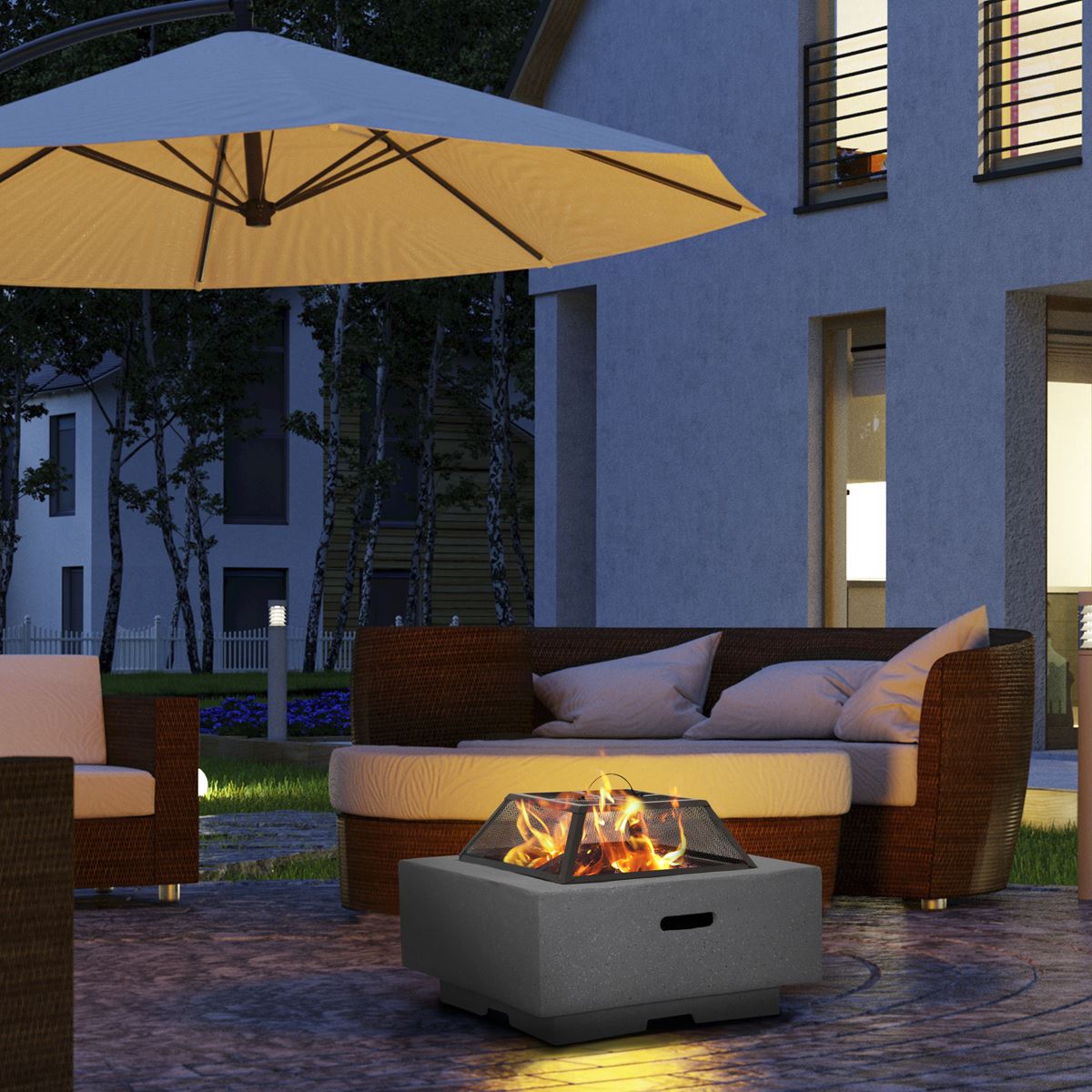 Dellonda DG193 Square MgO Fire Pit with BBQ Grill, Safety Mesh Screen - Dark Grey | Magnesium Oxide | The fire pit is made from MgO (Magnesium Oxide)