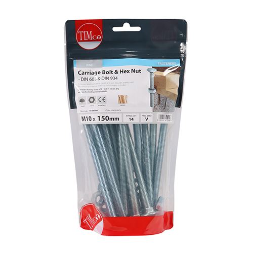 TIMCO Carriage Bolt & Hex Nut - BZP M10 x 150 Silver Pack 14