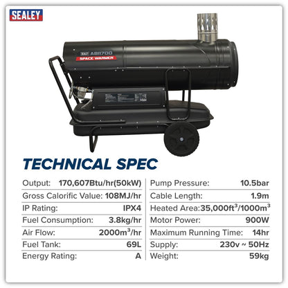 Sealey ABI1700 Space Warmer Indirect Kerosene/Diesel Heater with Wheels 170,000Btu/hr | 170,607Btu/hr(50kW), 230v~50Hz, Thermostat, Wheels