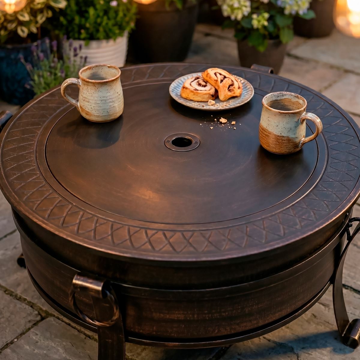 Dellonda DG237 Deluxe 2-in-1 Outdoor Fire Pit/Coffee Table with Drawstring Cover 93cm Antique Bronze Effect | Water Resistant, Drawstring, Safety