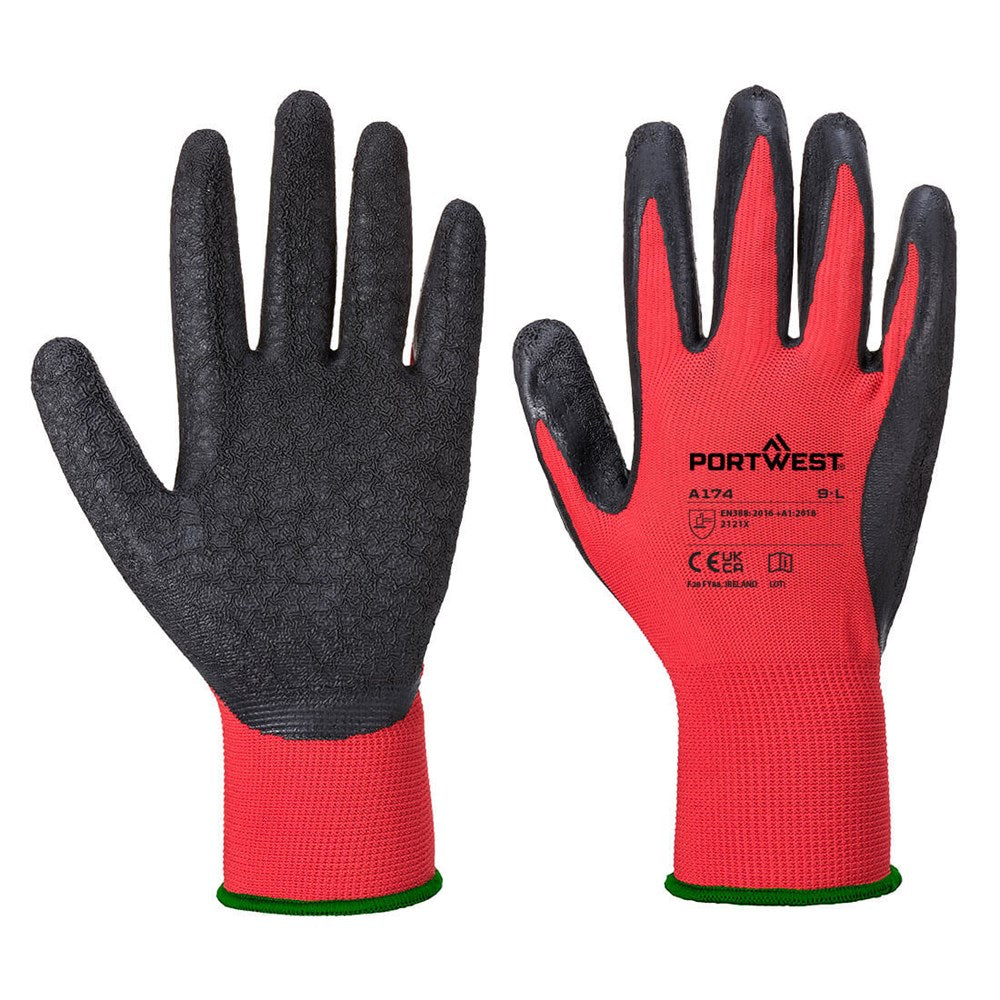 Portwest A174 -Flex Grip Latex Glove - Red/Black -ALL SIZES