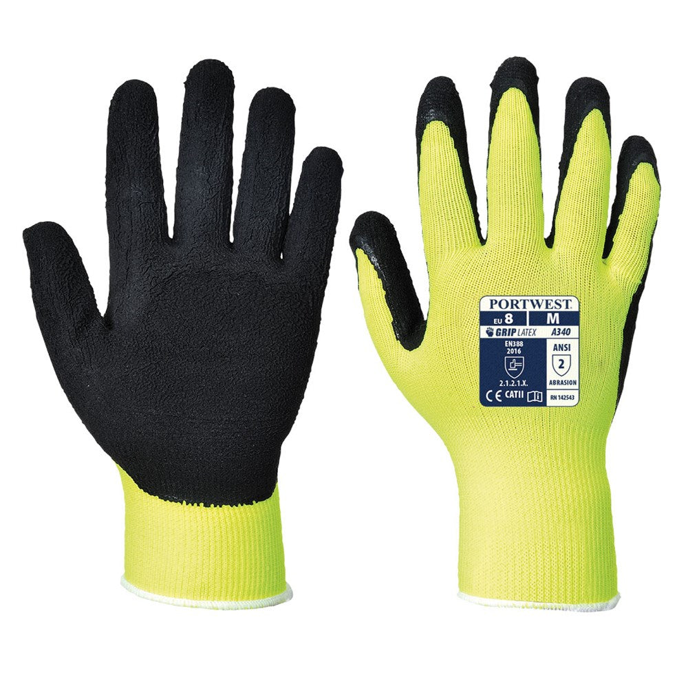 Portwest A340YERM -  sz M Hi-Vis Grip Glove - Latex - Yellow