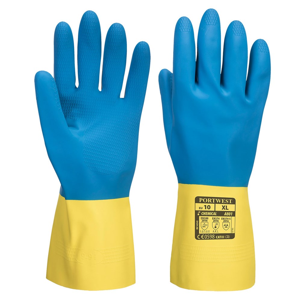 Portwest A801Y4RXL -  sz XL Double Dipped Latex Gauntlet - Yellow/Blue