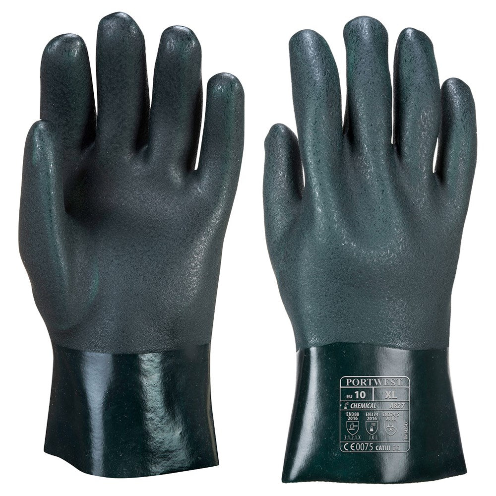 Portwest A827GNRXL -  sz XL Double Dipped PVC Gauntlet 27cm - Green