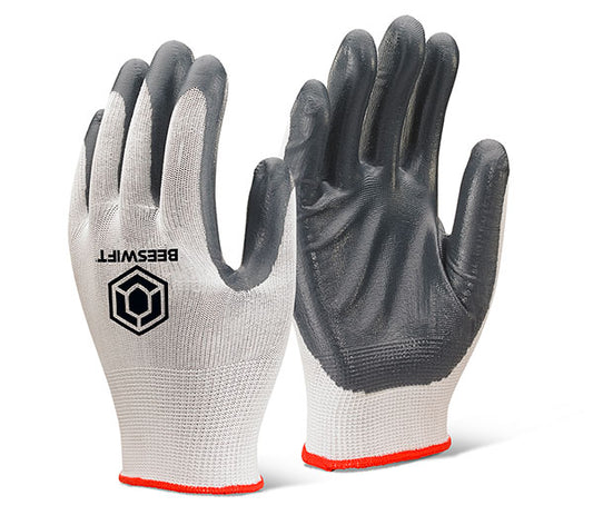 BEESWIFT NITRILE PALM COATED POLYESTER GLOVES GREY M