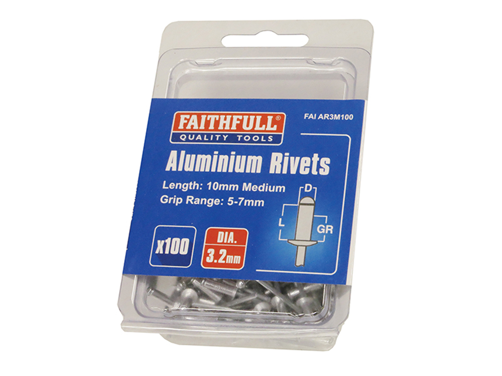 Faithfull FAIAR3M100 Aluminium Rivets 3.2 x 10mm Medium Pre-Pack of 100 |