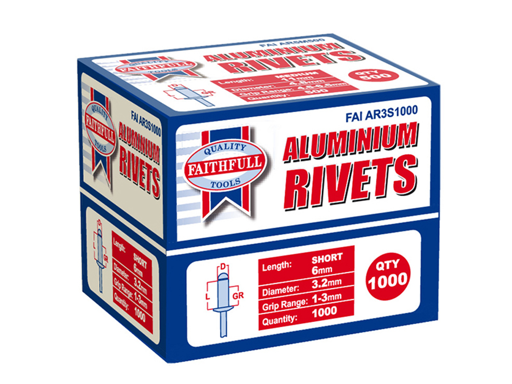 Faithfull FAIAR3S1000 Aluminium Rivets 3.2 x 6mm Short Bulk Pack of 1000 |