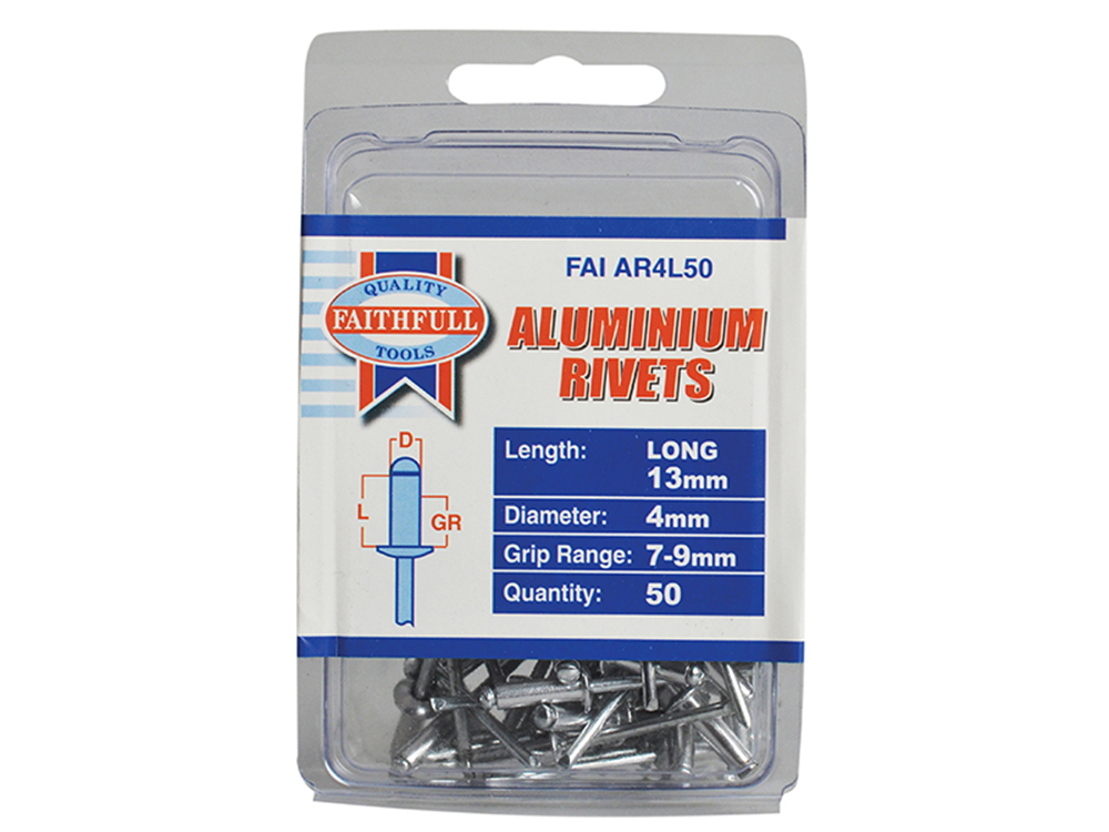 Faithfull FAIAR4L50 Aluminium Rivets 4 x 13mm Long Pre-Pack of 50 |