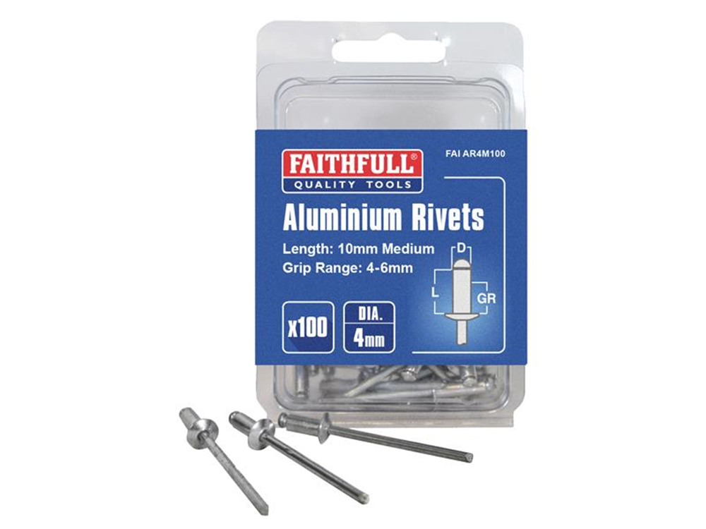Faithfull FAIAR4M100 Aluminium Rivets 4 x 10mm Medium Pre-Pack of 100 |