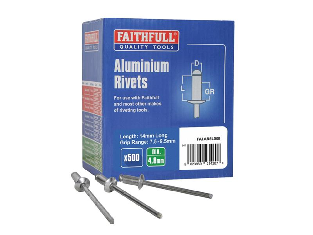 Faithfull FAIAR5L500 Aluminium Rivets 4.8 x 14mm Long Bulk Pack of 500 |