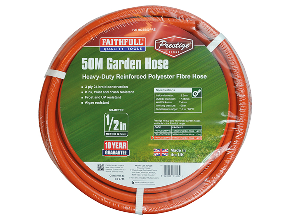 Faithfull FAIHOSE50PRE Prestige Heavy-Duty Garden Hose 50m 12.5mm (1/2in) Diameter |