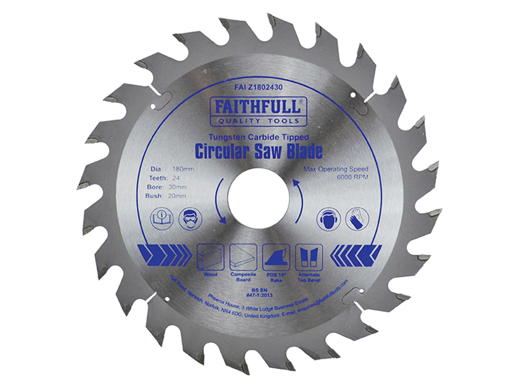 Faithfull FAIZ1802430 TCT Circular Saw Blade 180 x 30mm x 24T POS |