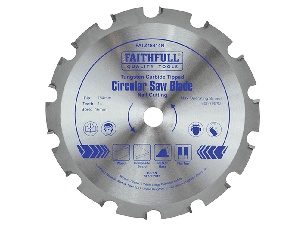 Faithfull FAIZ18414N TCT Circular Saw Blade Nail Cutting 184 x 16mm x 14T NEG |
