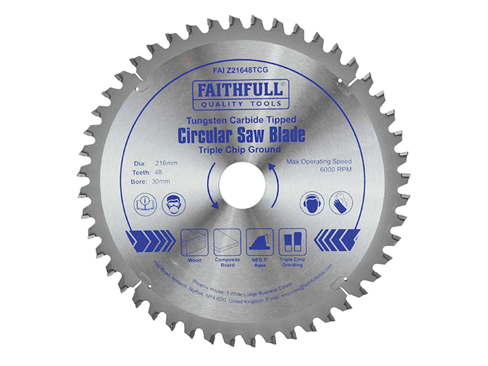 Faithfull FAIZ21648TCG TCT Circular Saw Blade Triple Chip Ground 216 x 30mm x 48T NEG |