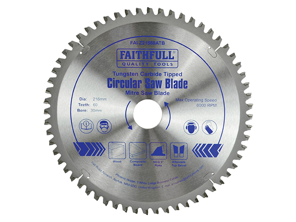 Faithfull FAIZ21660ATB TCT Cross Cut Mitre Saw Blade 216 x 30mm x 60T NEG |