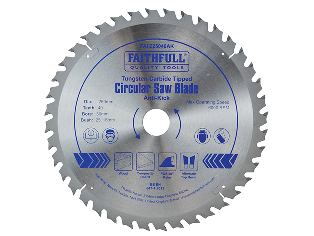 Faithfull FAIZ25040AK Circular Saw Blade Anti Kick 250 x 30mm x 40T |