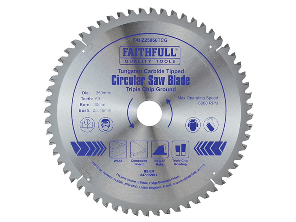 Faithfull FAIZ25060TCG TCT Circular Saw Blade Triple Chip Ground 250 x 30mm x 60T NEG |