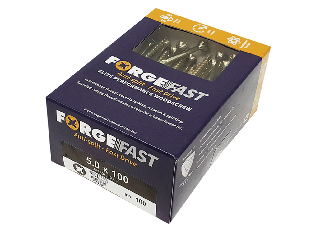 ForgeFix FORFFP5100Y ForgeFast Pozi Compatible Elite Performance Wood Screw ZY 5.0 x 100mm Box 100 |