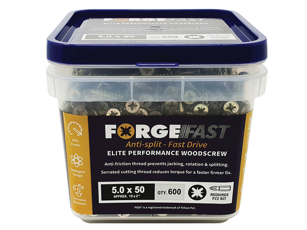 ForgeFix FORFFP550YT ForgeFast Pozi Compatible Elite Performance Wood Screw ZY 5.0 x 50mm Tub 600 |