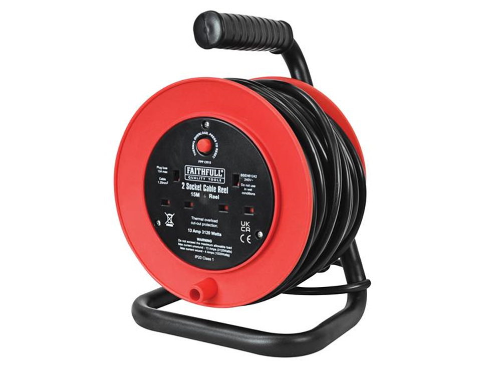 Faithfull Power Plus FPPCR15 Open Drum Cable Reel 240 Volt 15 Metre 13 Amp 2 Socket |
