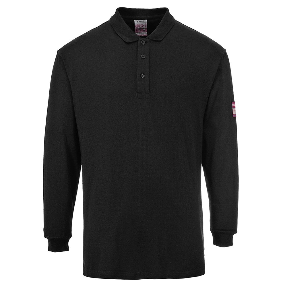 Portwest FR10BKRM -  sz M Flame Resistant Anti-Static Long Sleeve Polo Shirt - Black