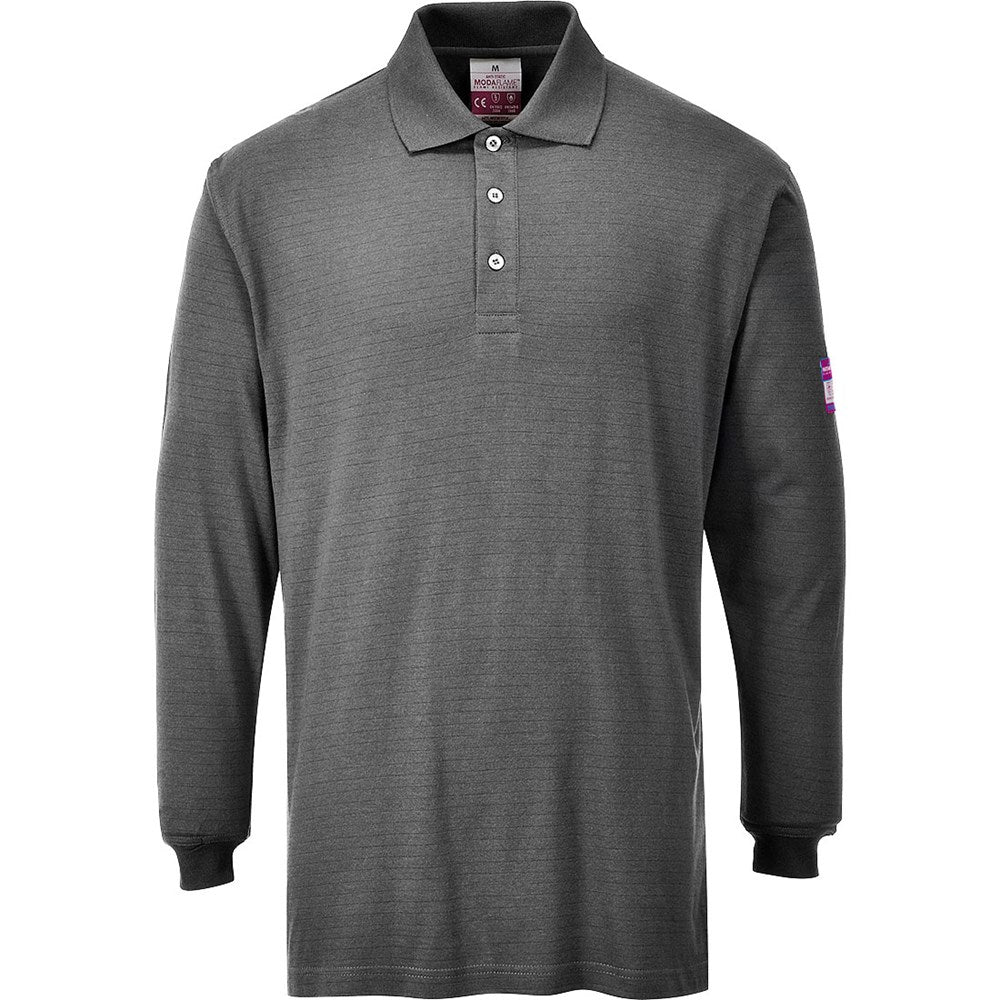 Portwest FR10GRRXXXL -  sz 3XL Flame Resistant Anti-Static Long Sleeve Polo Shirt - Grey