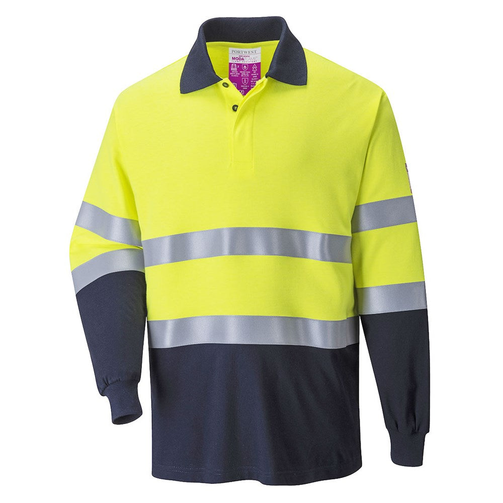 Portwest FR74YNRL -  sz L Flame Resistant Anti-Static Two Tone Polo Shirt workwear - Yellow/Navy