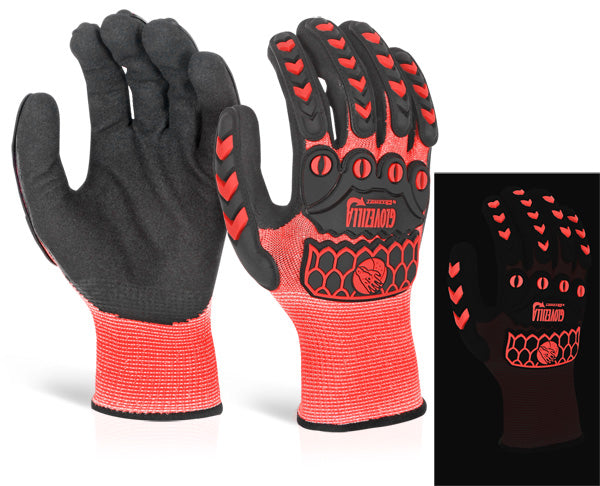 BEESWIFT GLOVEZILLA GLOW IN THE DARK FOAM NITRILE COATED GLOVES RED XXL