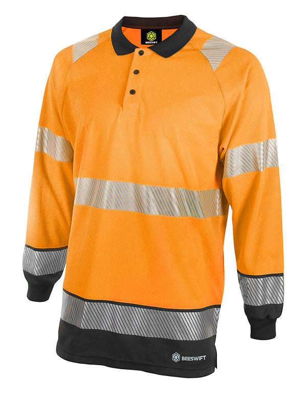 BEESWIFT DELTIC HI-VIS TWO TONE LONG SLEEVE POLO SHIRT ORANGE / BLACK M