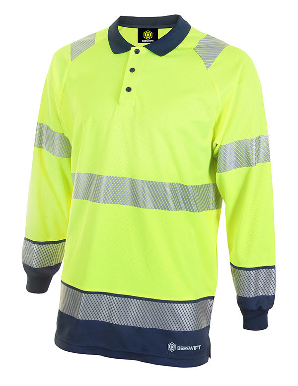 BEESWIFT DELTIC HI-VIS TWO TONE LONG SLEEVE POLO SHIRT SATURN YELLOW / NAVY XL