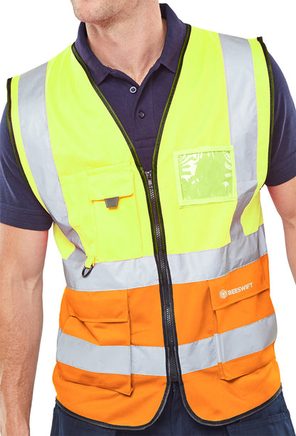 BEESWIFT HI-VIS TWO TONE EXECUTIVE ID VEST SATURN YELLOW / ORANGE XS