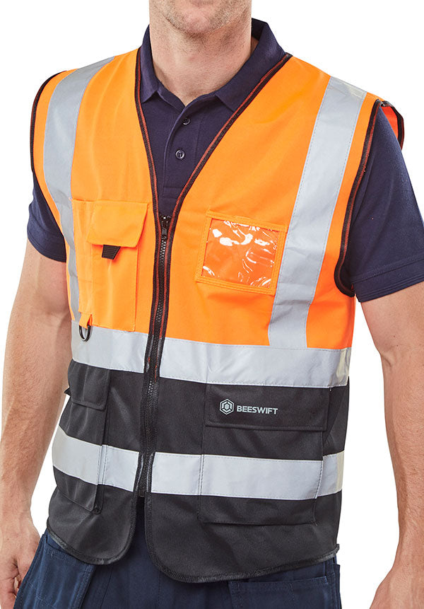 BEESWIFT HI-VIS TWO TONE EXECUTIVE ID VEST ORANGE / BLACK XXXL